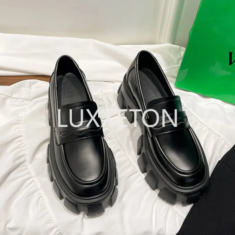 2023 Spring and Autumn British Style Elevated Matsutake Thick Sole Round Toe Platform Shoes Slippers Fashion Small Leather Shoes