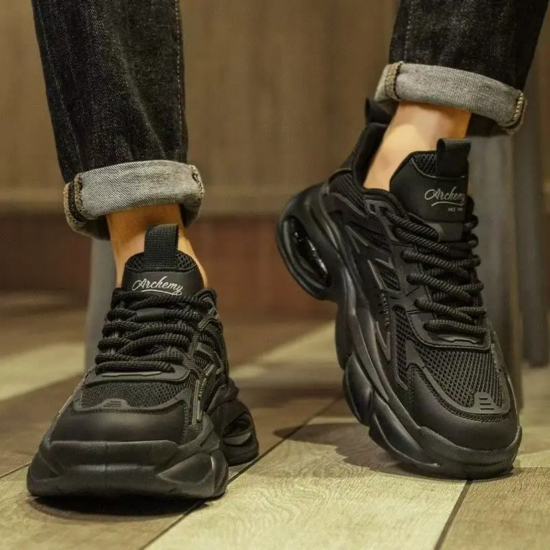 2026 Hot Men's Sneakers and Casual Shoes Chunky Platform Dad Shoes Pure Black Trendy Casual Sports Shoes Zapatos De Hombre