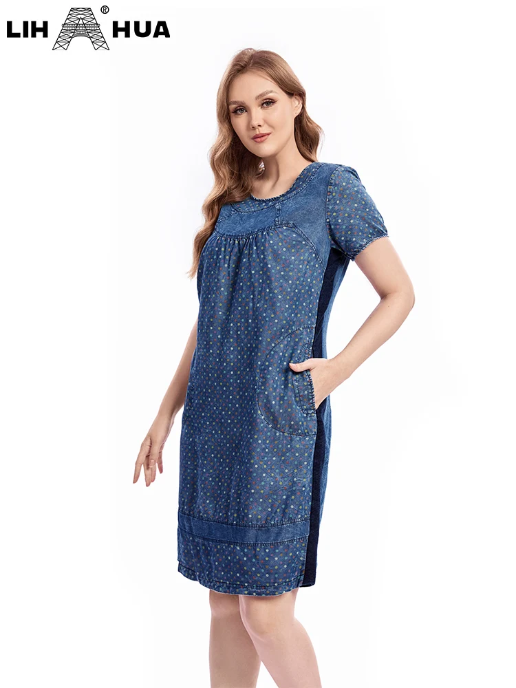 LIH HUA Women's Plus Size Denim Dress Summer Casual Cotton Woven Short Sleeve Round Neck Dress