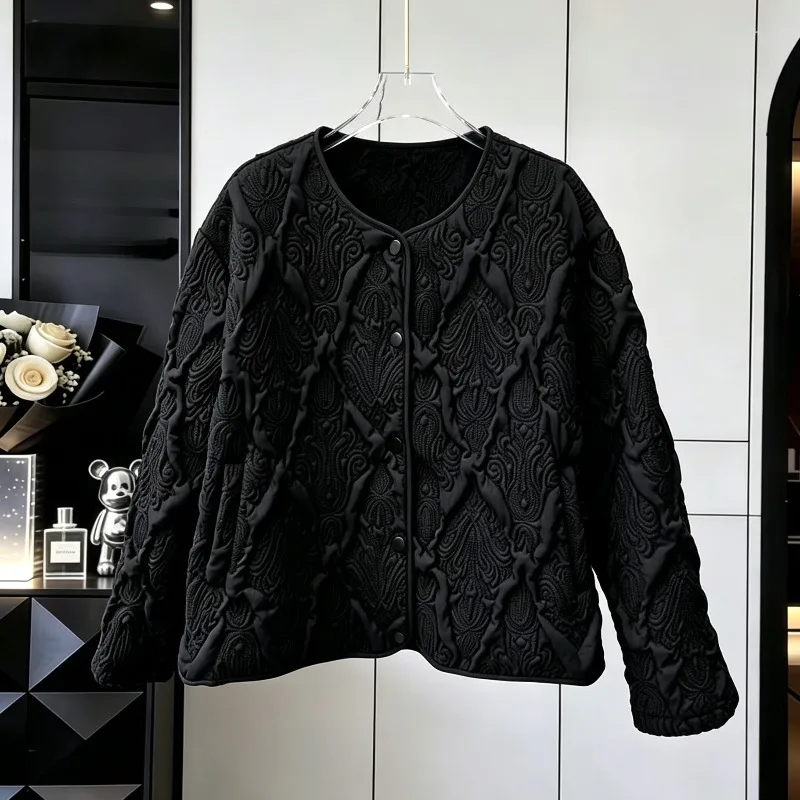 Pleated Embossed Round Neck Cotton Coat 2026 Autumn Winter Miyake New Loose Short Coat Commuter Thickened Long Sleeve Jacket