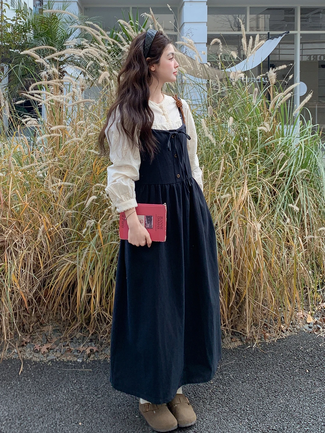 

Retro Long Sleeve Shirt High Waist Dress Set Women's Fashion Spring Autumn Slimming Younger Two Piece Set Casual Universal