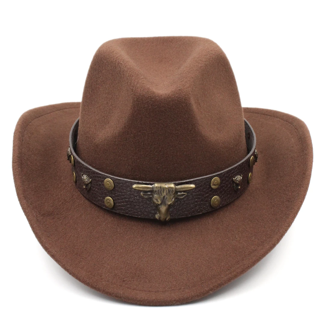 

Western Cowboy Hat Cowgirl Cap Fedora Hats Wide Brim Sombrero Шляпа with Bull Skull Studded Buckle Wide Belt for Women Men