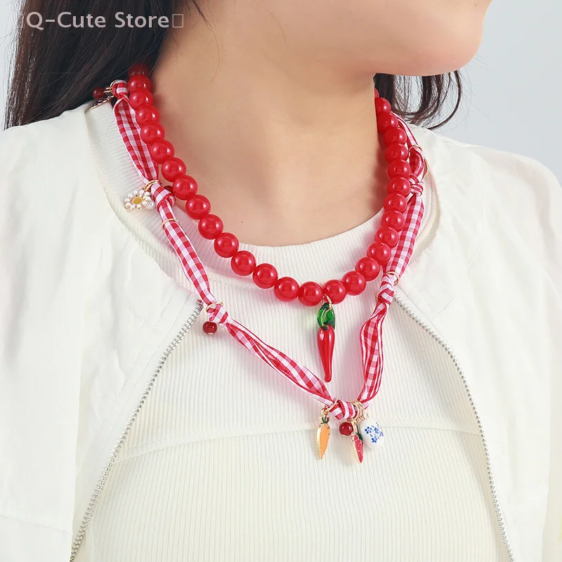Collar de cuentas Retro multicapa dulce a la moda, gargantilla hecha a mano con pimienta, zanahoria, fresa y manzana