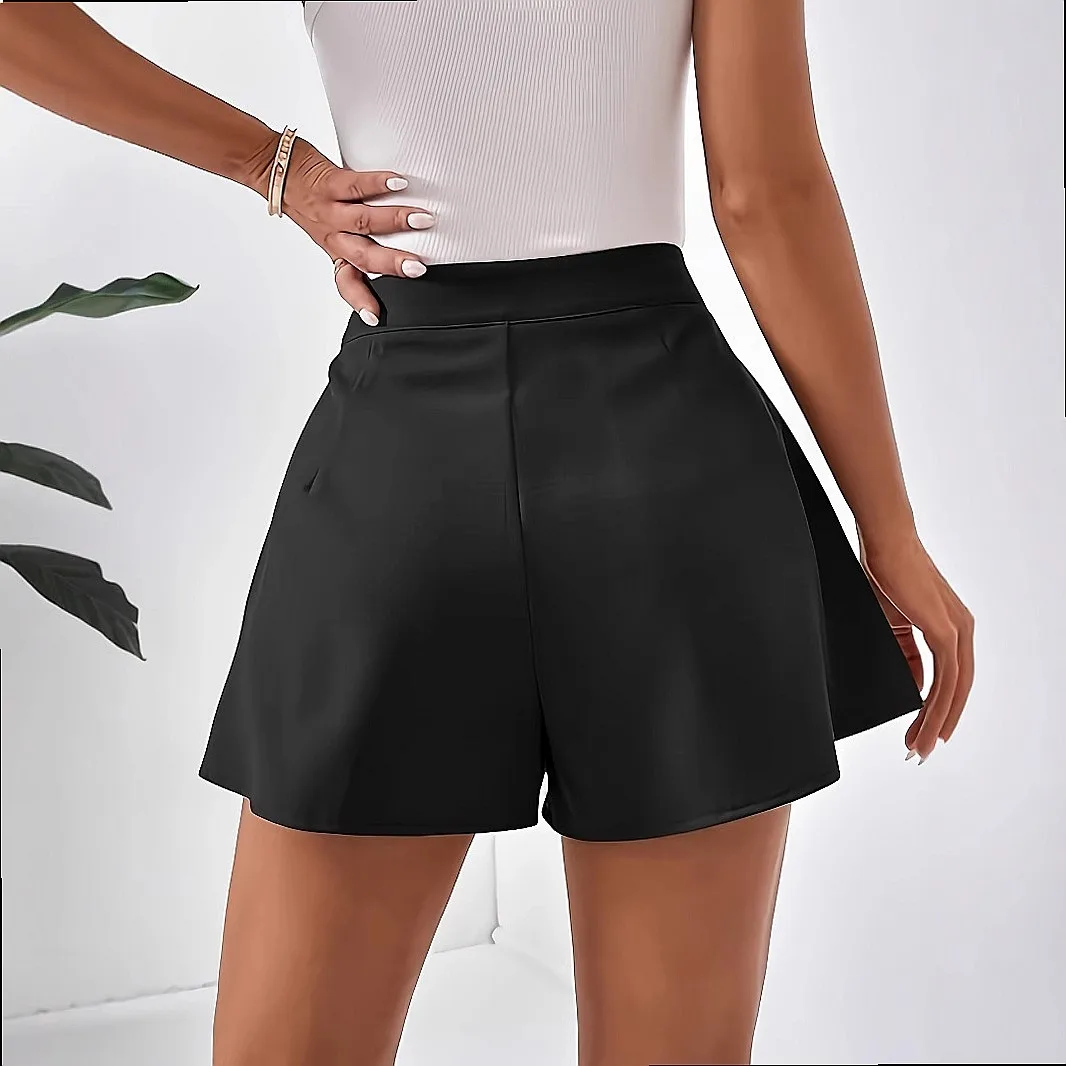 Customizable Women Solid Color High Waist Loose Wide Leg Shorts with Pockets Summer Shorts