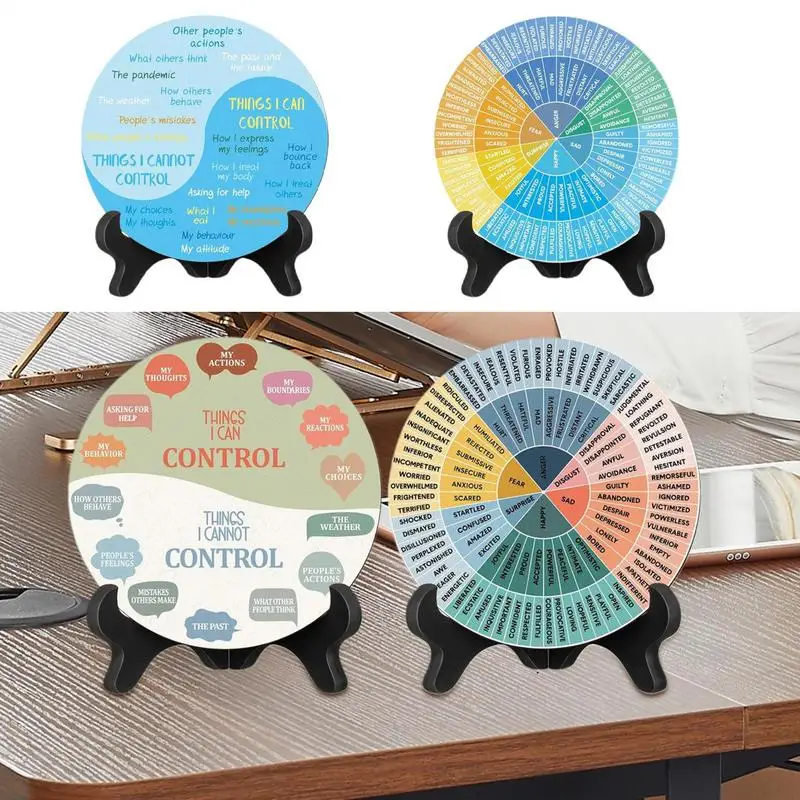 Feelings Wheel Poster 2X Wooden Mental Health Emotions Chart with Stand Desk Decor Mental Feeling Chart for Home Workplace