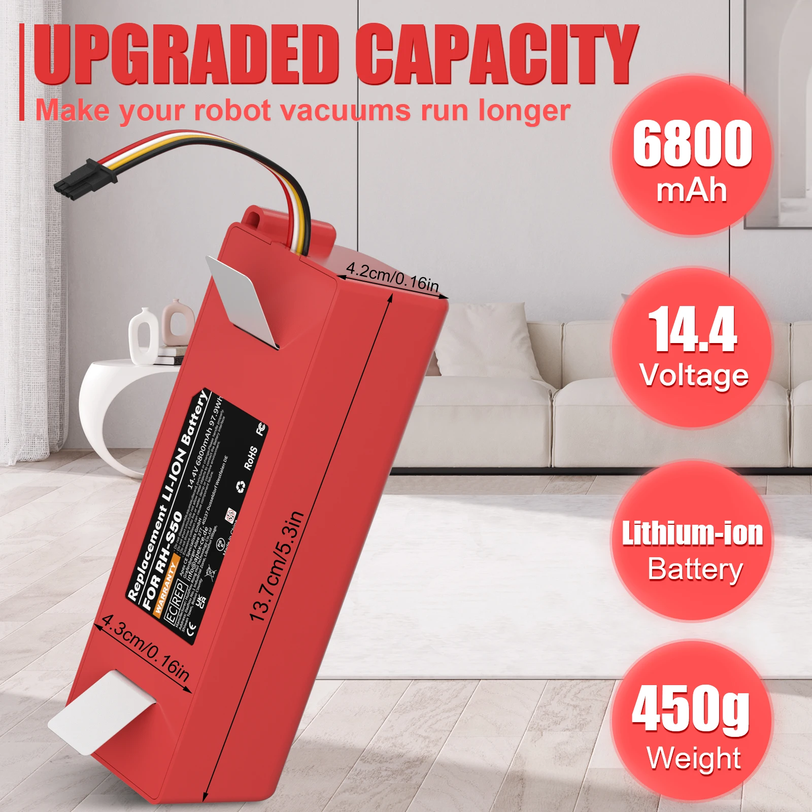 

14.4V 6800mAh BRR-2P4S-5200S Robotic Vacuum Cleaner Replacement Battery For Xiaomi Roborock S55 S60 S65 S50 S51 S5 1S 1ST MAX S6