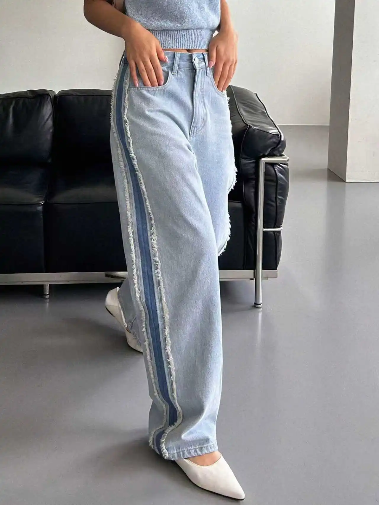 Aw25 New Color-Blocked Design Straight-Leg Casual Versatile Jeans