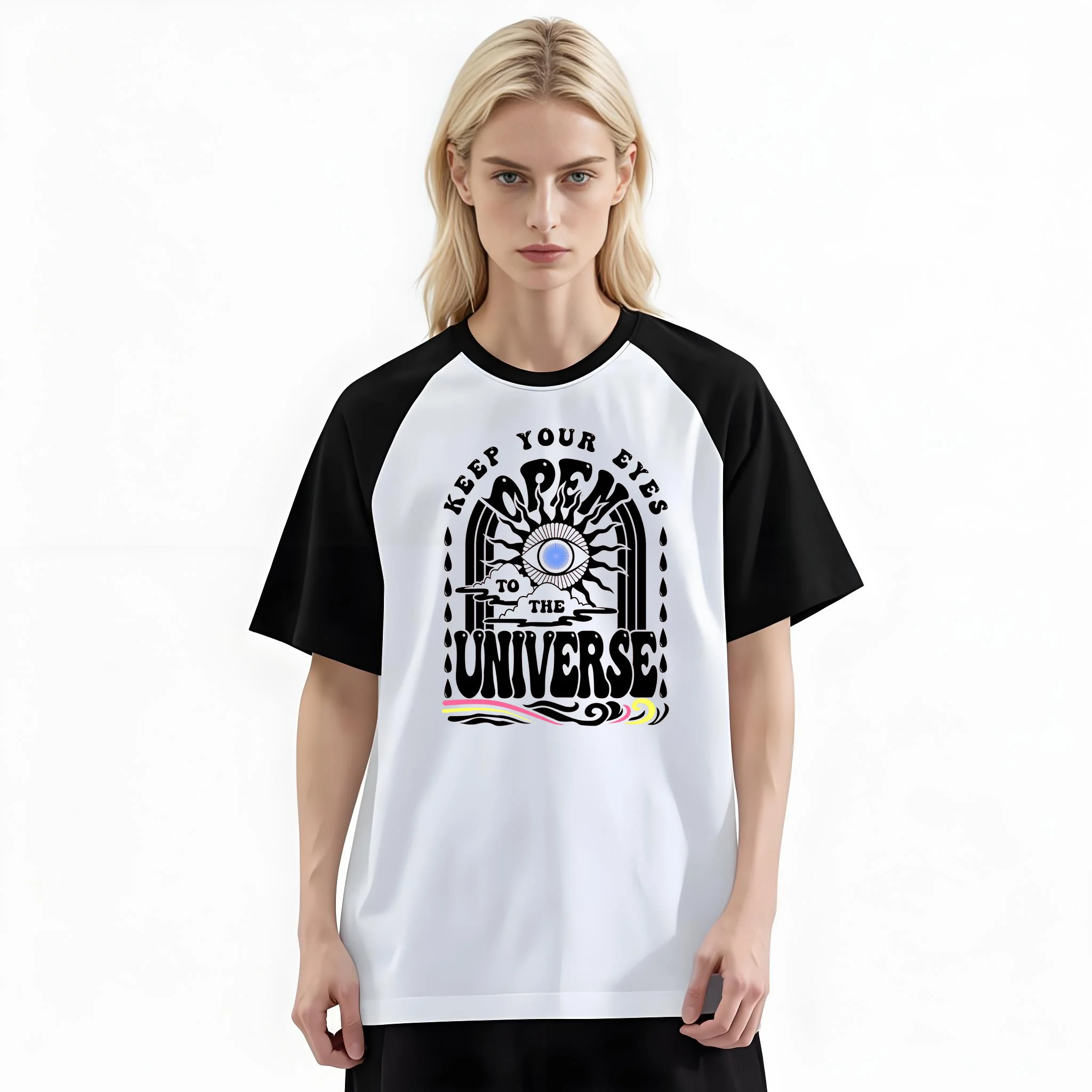 Women'S Fashion Raglan Sleeve T-Shirt, Keep Your Eyes To The Universe Mystic Eye Printed, Summer Casual Comfortable Tee, Women'S Everyday Short-Sleeve Top