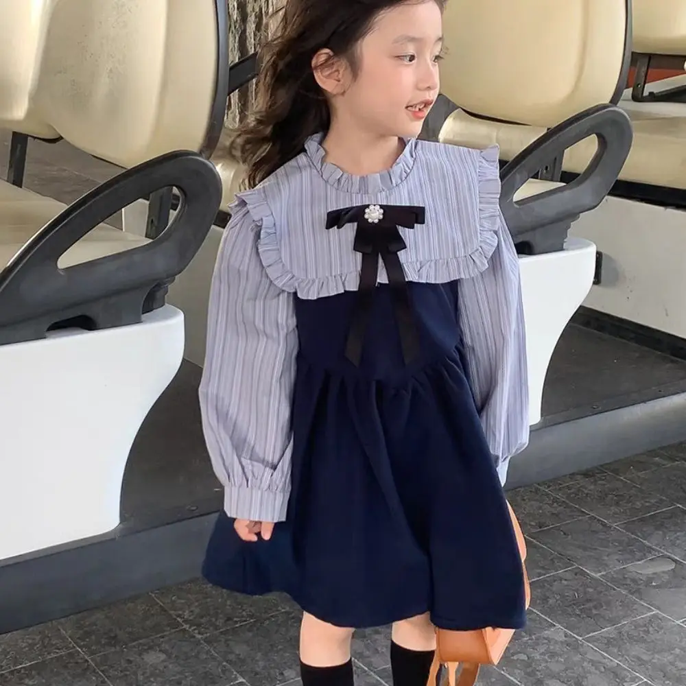 

Bowknot Girls' College Style Dress Pleated Peter Pan Collar Girls Long Dress Sweet Loose Children Long Sleeved Dress Spring/Fall