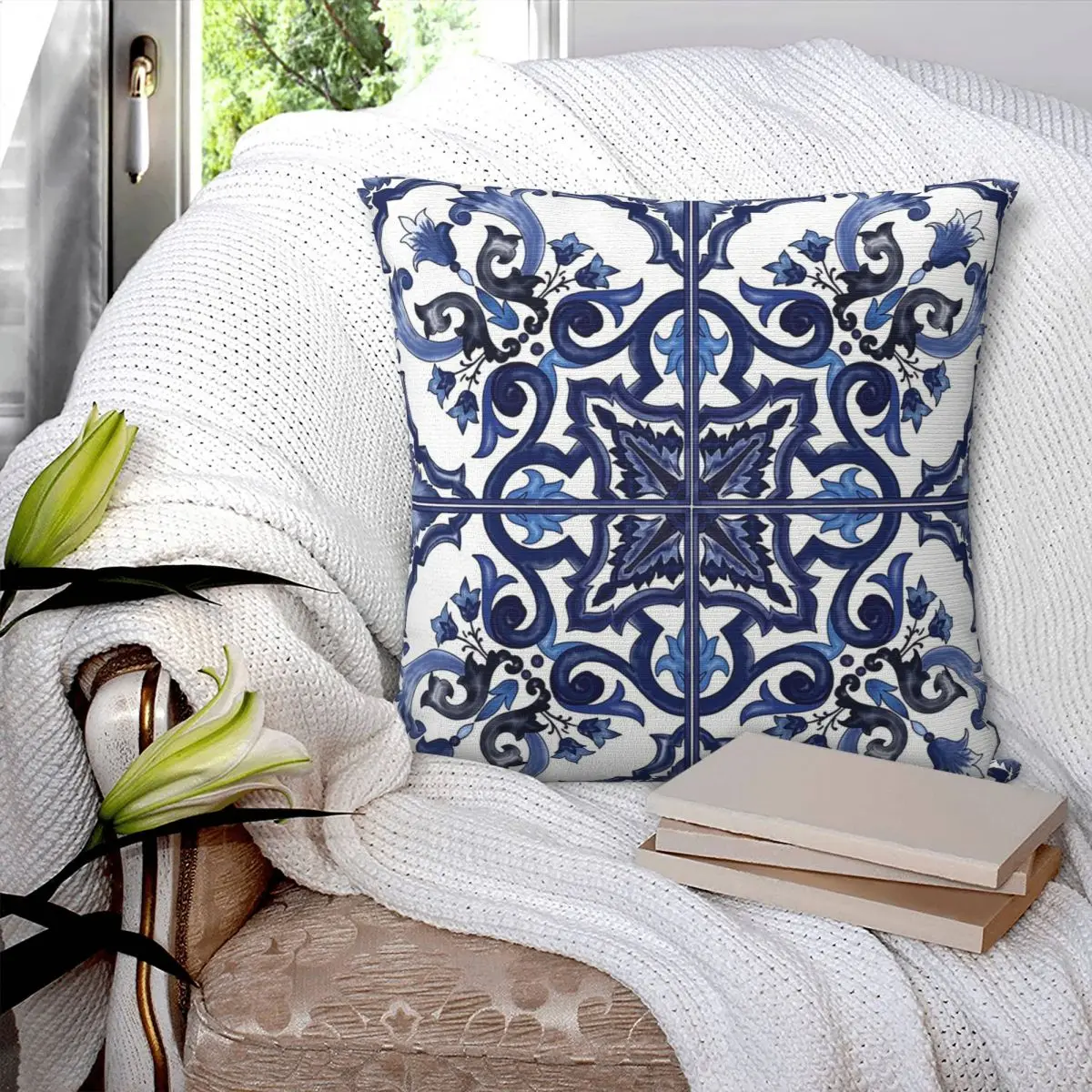 

Blue Ornate Floral Mediterranean Sicilian Tile Square Pillowcase Pillow Cover Polyester Cushion Comfort Throw Pillow for Home