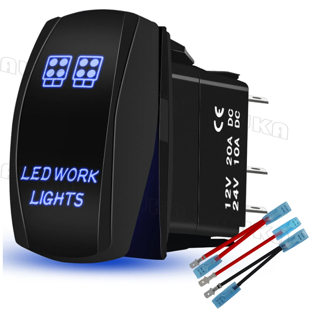 

LED WORK LIGHTS Rocker Switch On-Off 12V/24V 5Pin Laser SPST Toggle Switch Blue Light With Wires Set For Marine Boat CarTruck RV