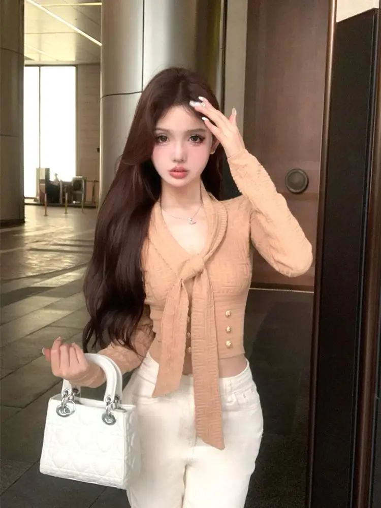 

Вязаный свитер женский с V-образным вырезом, топ-майка, однотонный, модный, для молодых девушек