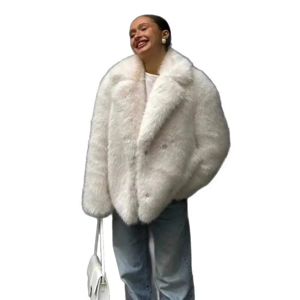 Warm Faux Winter Fur Coat White Suit Collar Fur Coat Fashionable Elegant lady Fur Coat for Women