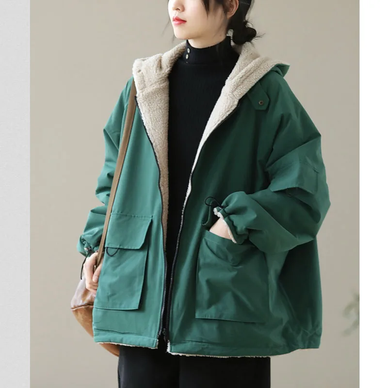 Lamb Cashmere Hooded Coat Female Winter Plus Size Loose Casual Padded Warm Cotton-padded Zipper Tooling Cotton-Padded Jacket
