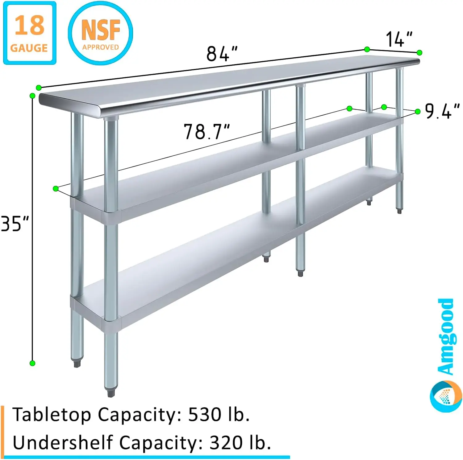 Tavolo multiuso NSF commerciale e residenziale (tavolo in acciaio inossidabile con 2 ripiani, 84 "lungo x 14" di profondità)