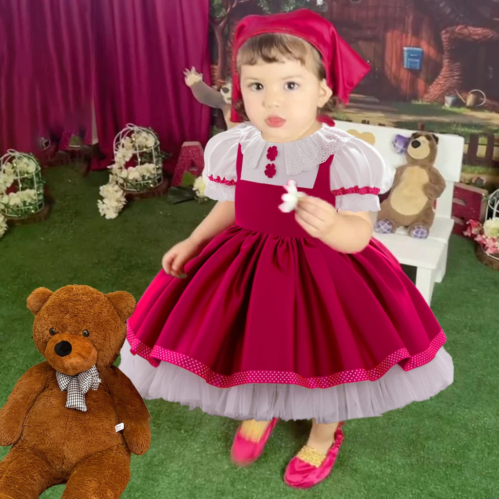 Masha and Bear Maid Costume for Baby Girls Lolita Christmas Costumes 1st Birthday Party Princess Dresss Bow Wedding Kids Clothes