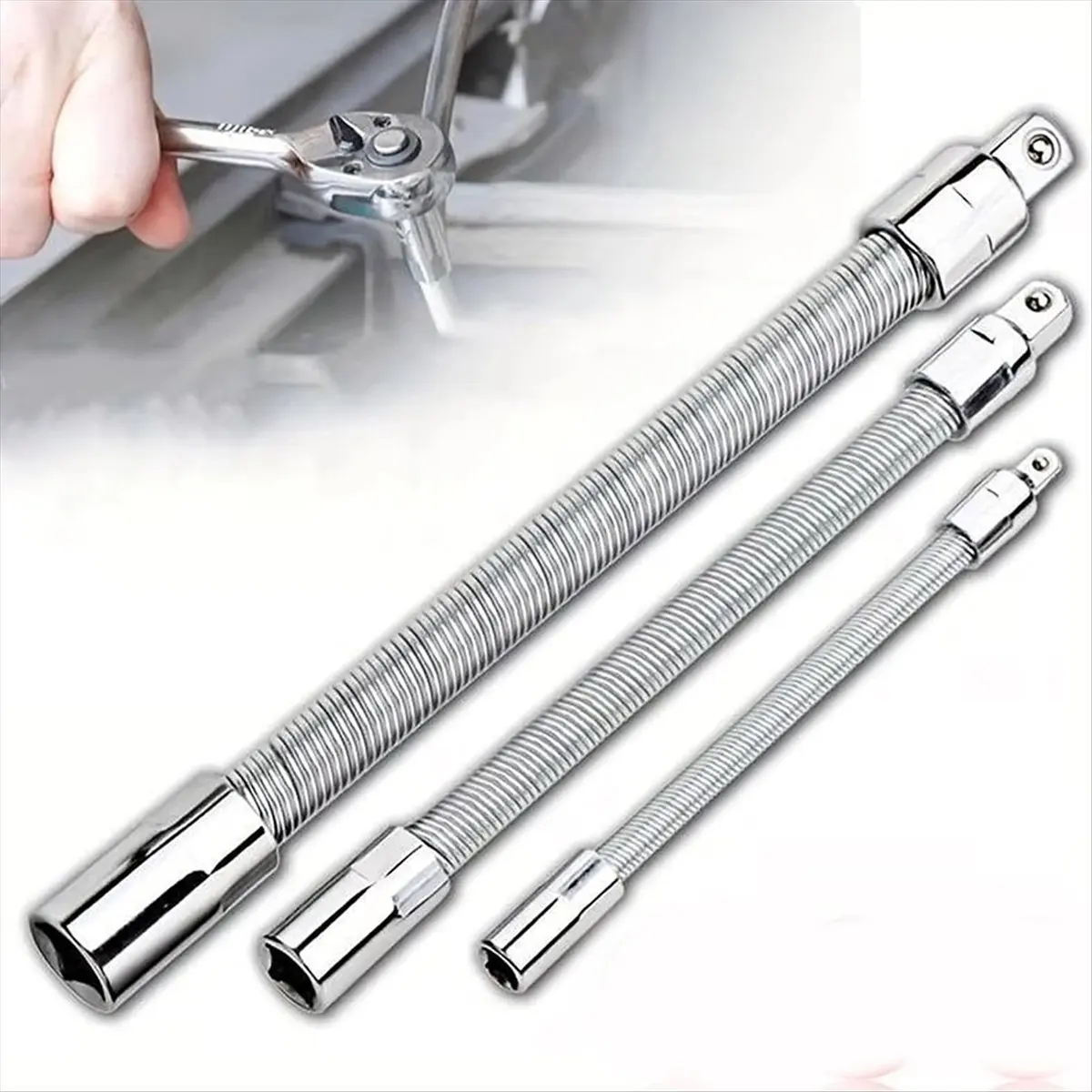 A003 Universal Electric Wrench Socket, 3 Counts Bendable Flexible Shaft, Steel Bit for Electric Drill 1/4 3/8 1/2 Sizes