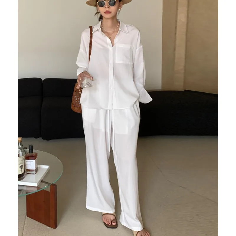 

Johnature Casual Linen Suit Women Summer Fashion Sunscreen White Shirt Comfortable Loose Wide-leg Pants Simple Women Suit
