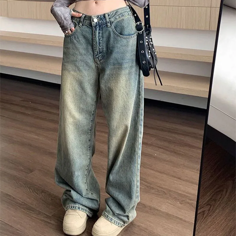 Lucyever Jeans dla kobiet Vintage Streetwear Baggy Y2K Denim Pants Damskie spodnie jeansowe All-Match High Waist Straight Washed Jean Trousers