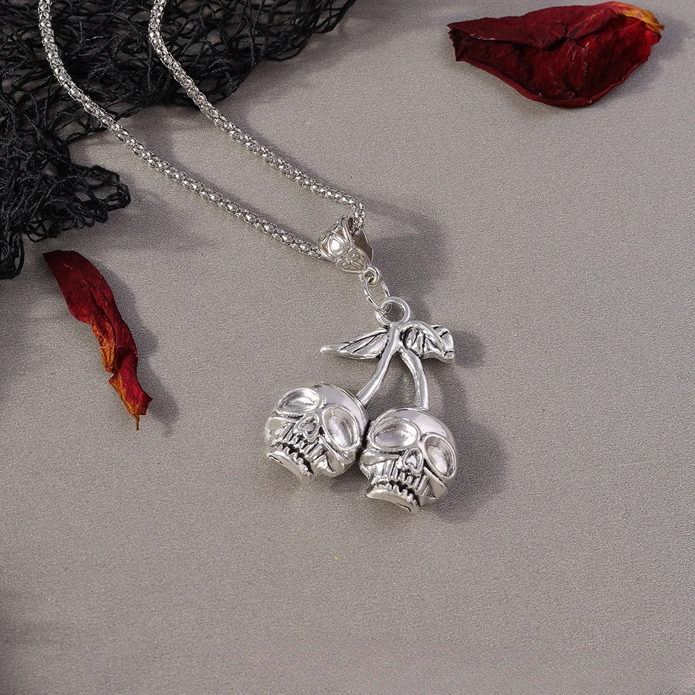 Europe and America Silver Color Cherry Skull Necklace UNISEX Rock Hip-hop Punk Joyful Atmosphere Party Jewelry Necklace