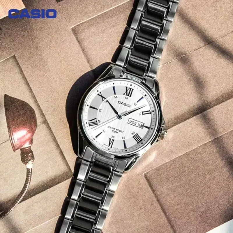 Casio-reloj MTP-1384D de cuarzo para hombre, cronógrafo de negocios con esfera grande de acero y números romanos, sencillo, resistente al agua