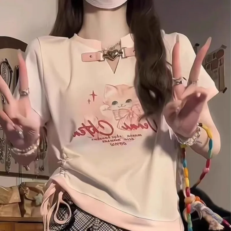 

Kawaii Japanese Spliced Constrast Color T Shirts Y2k Preppy Style Cute Print All Match Casual Tops Harajuku Drawstring Girl Tops