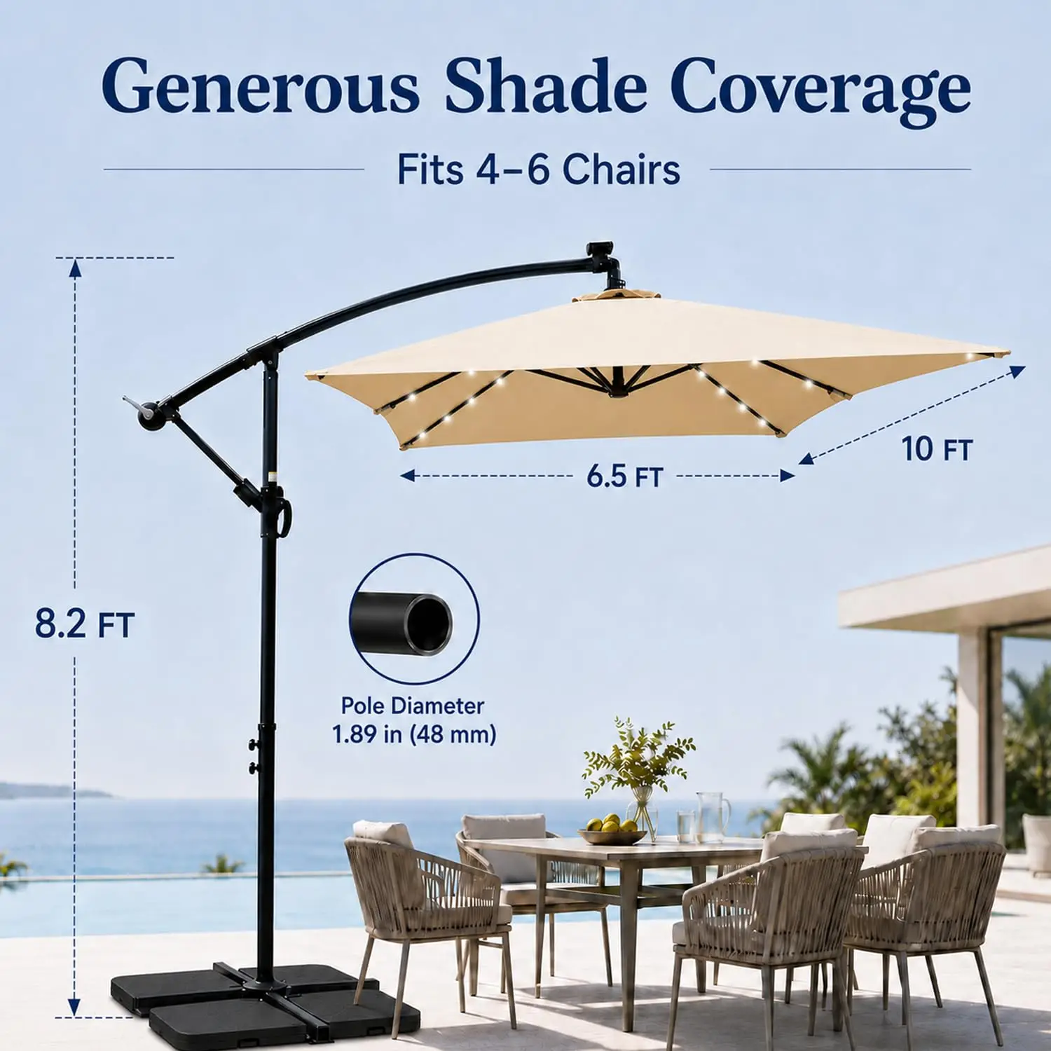 10x6.5FT Offset Patio Umbrella with Solar Lights, Cantilever with Cross Base & Crank for Pool Deck Backyard, Customized