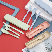 3pcs/set Travel Cutlery Portable Cutlery Box Student Dinnerware Sets Japan Style Wheat Straw Knife Fork Spoon Kitchen Tableware