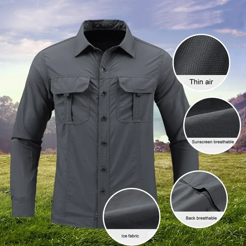 Men Outdoor Work Shirt Long Sleeve Breathable Lightweight Multi Pockets Top Camping Hiking Training Fishing Work Casual Wear