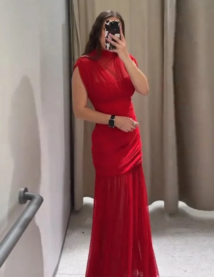 

Fashion Solid Mesh Patchwork Pleated Long Dress For Women Short Sleeve Turtleneck Slim Maxi Dress Lady Summer Evening Party Robe