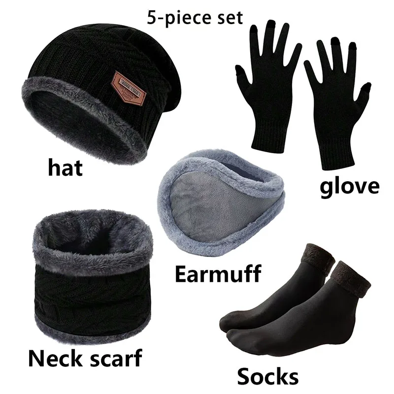 Winter Warm Hat Set Men's and Ear Protectors with Knitted Hats Gloves Neck Hoods Anti Slip Socks Five Piece Set