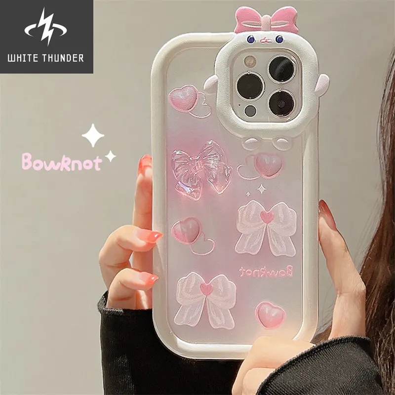 Creative Sweet  Bear Frame Pink Three-dimensional Bow Tie Love 2 in 1 Anti-fall Shell For iphone 11 12 13 14 Pro Max Phone Case