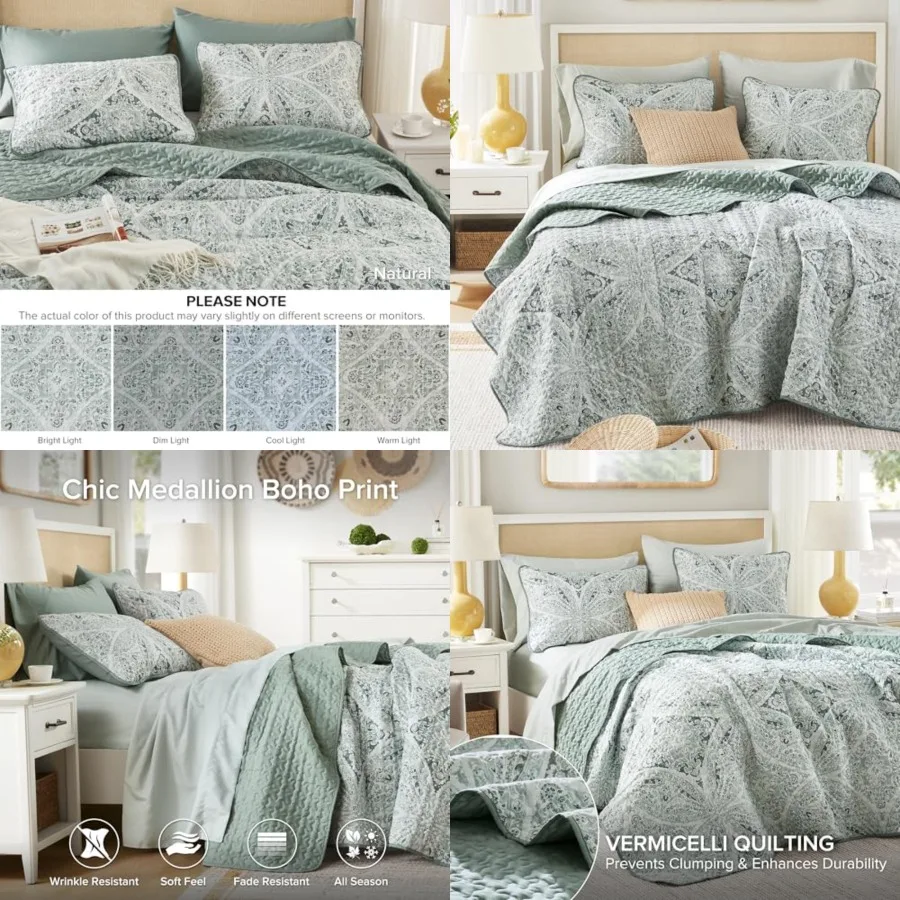 

Boho Quilt Set Queen Reversible Vermicelli Quilting Queen Size Bed, All Season, Lightweight, Coverlet Winter Layer Bedding, Sha