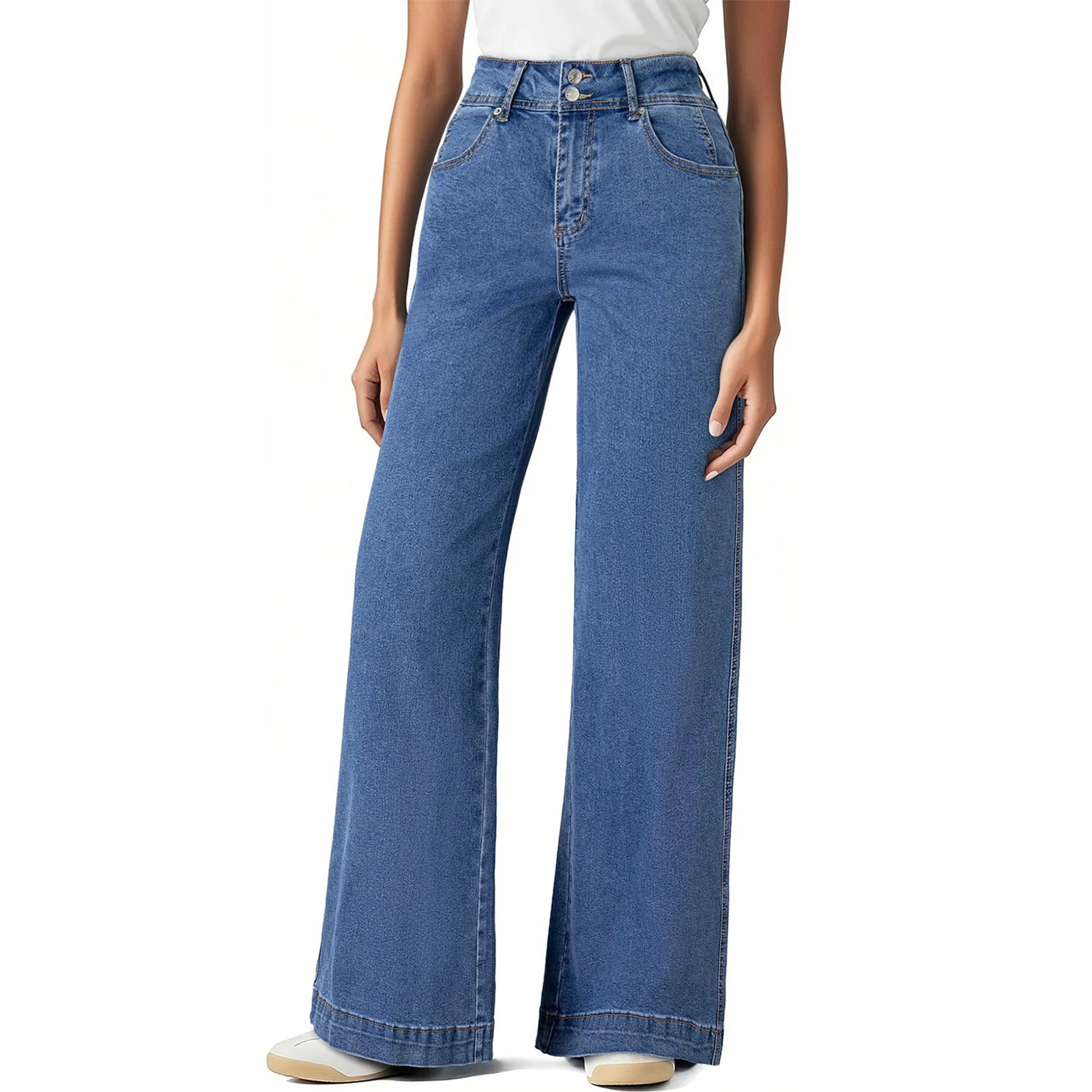 Damskie popularne spodnie jeansowe o prostym kroju, proste, jednokolorowe, z guzikami, wygodne, oddychające, eleganckie spodnie damskie.