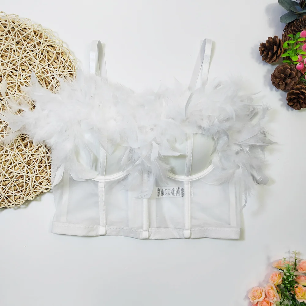 A852 Dropship ropa de moda para niñas ropa de plumas dulce memoria uso especial mujeres sexis malla sin tirantes corsé corto exterior