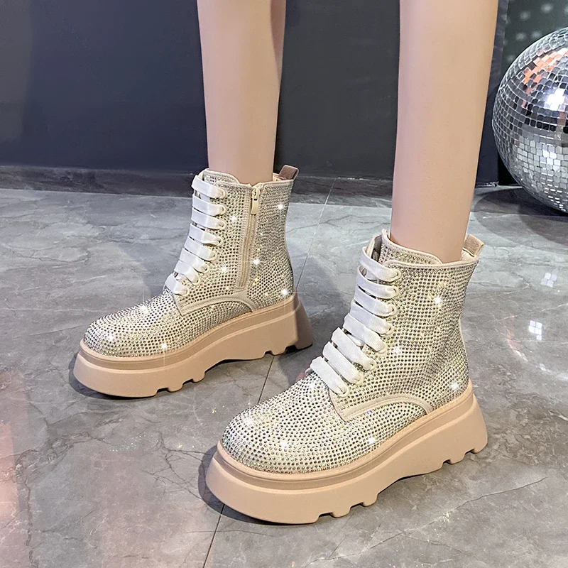 2024 Spring and Autumn Thick soled Crystal Boots Fashion Shining Crystal Warm Shoes Women\'s Luxury Water Diamond Winter Shoes