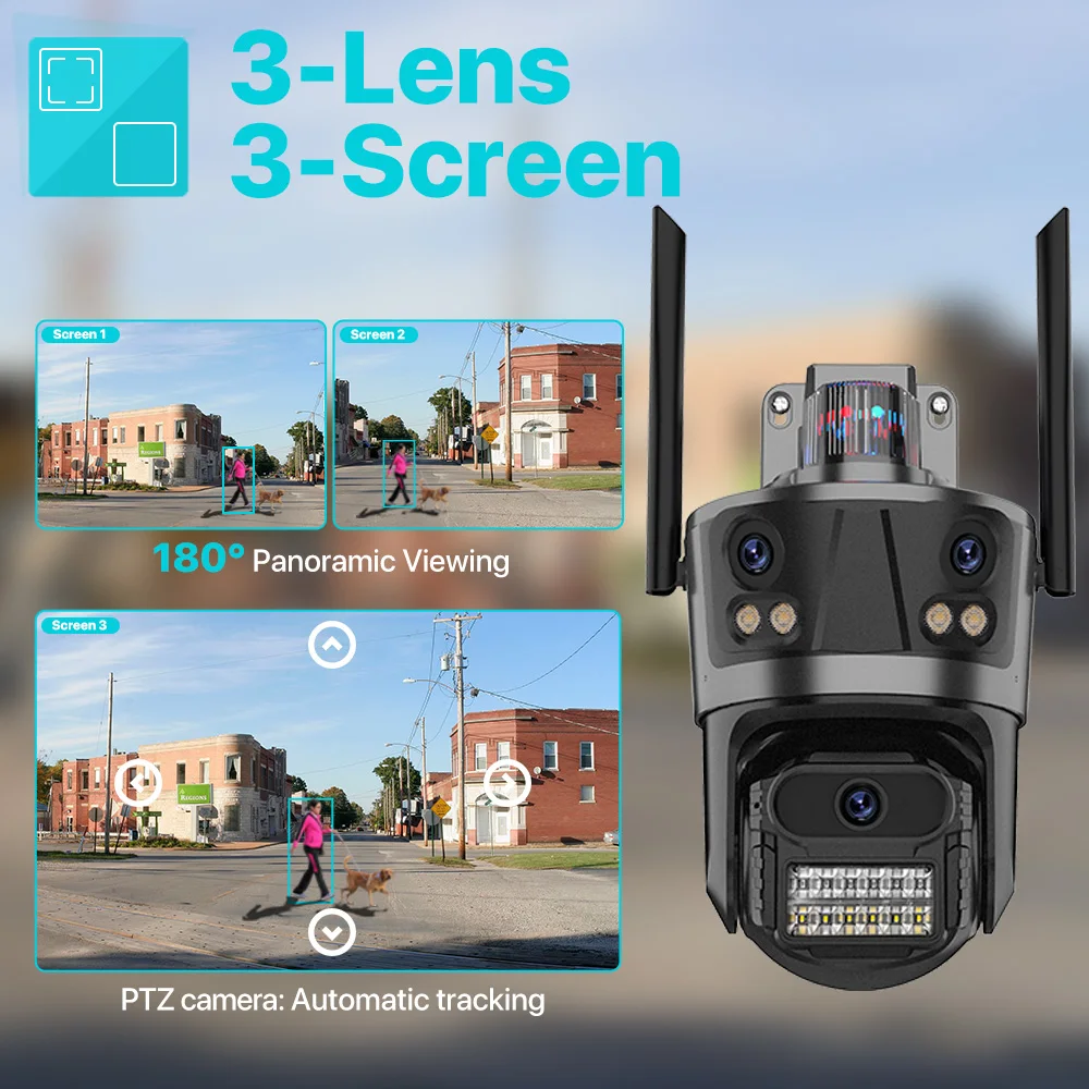 WIFI IP Camera 6K HD Three Lens Three Screens PTZ Camera Outdoor Ai Tracking Cloud CCTV Security Camera iCsee