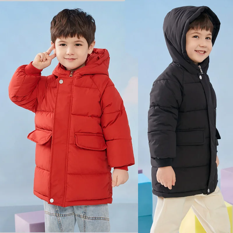 

Пуховики для мальчиков и девочек, детская утолщенная длинная верхняя одежда с капюшоном, детские зимние легкие пальто, однотонная повседневная одежда