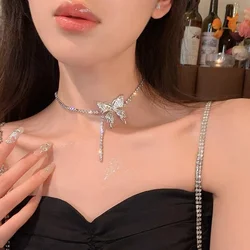 Elegant Statement Shiny Butterfly Pendant Necklace Rhinestone Chain for Women Bling Chain Crystal Choker Necklace Party Jewelry