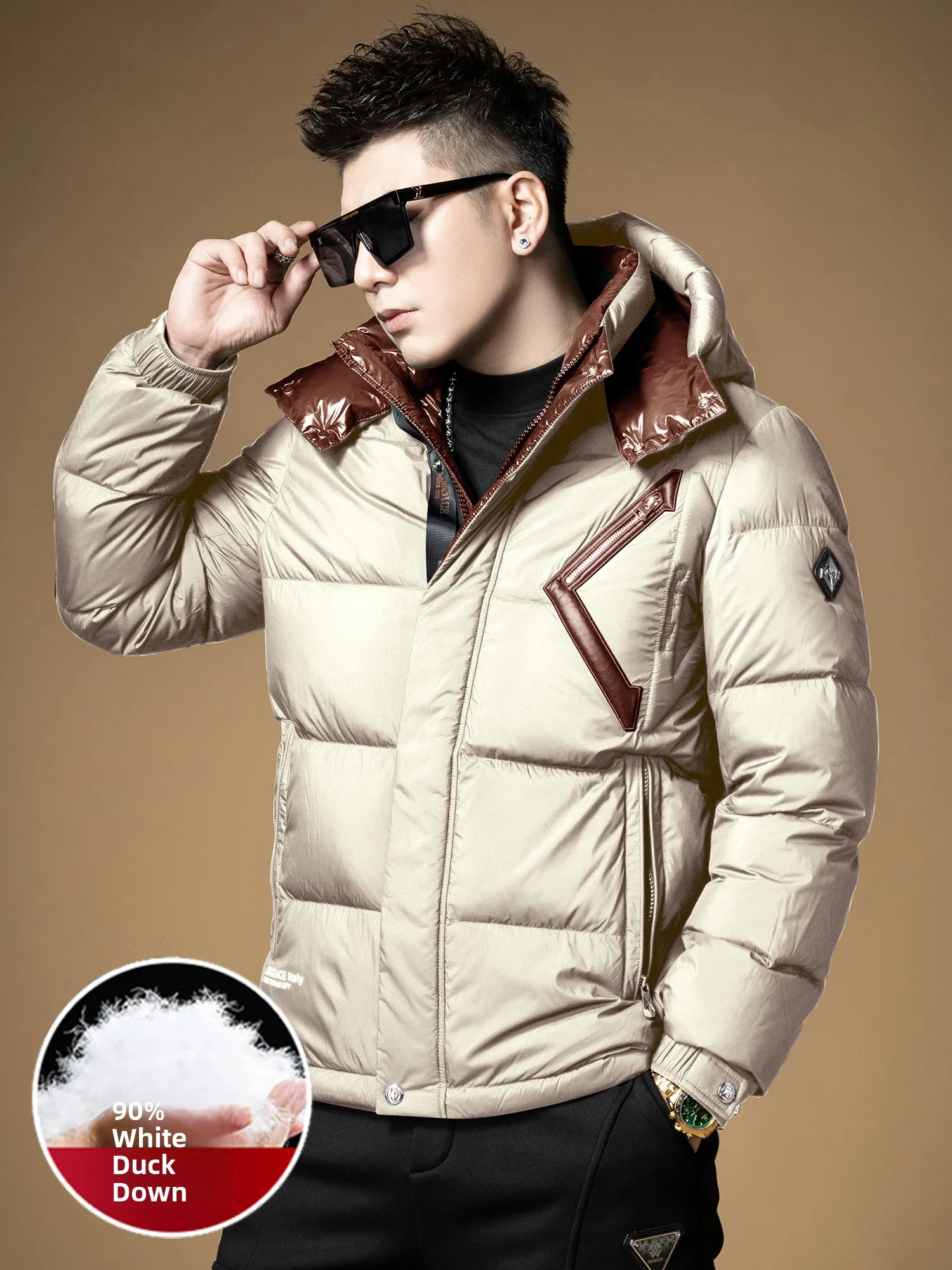 

Мужская утепленная зимняя куртка с капюшоном, на наполнителе из белого утиного пуха, стеганая, молодежная, модная, в современном стиле, однотонная