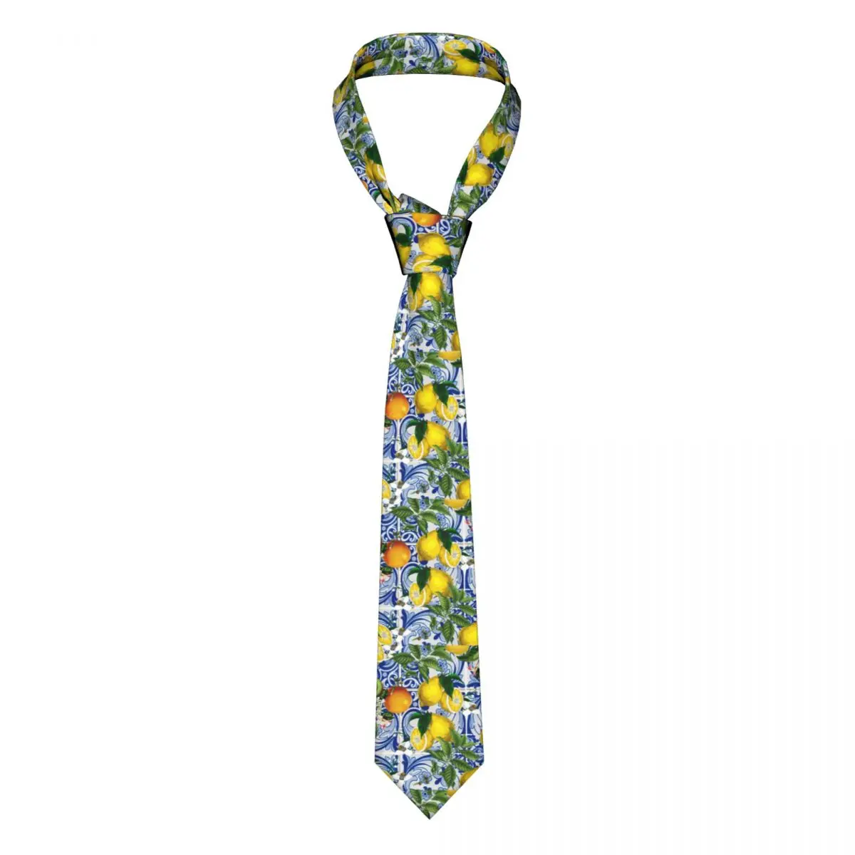 

Mediterranean Lemon On Blue Ceramic Tiles Neckties Men Customized Silk Summer Citrus Fruit Neck Ties for Wedding