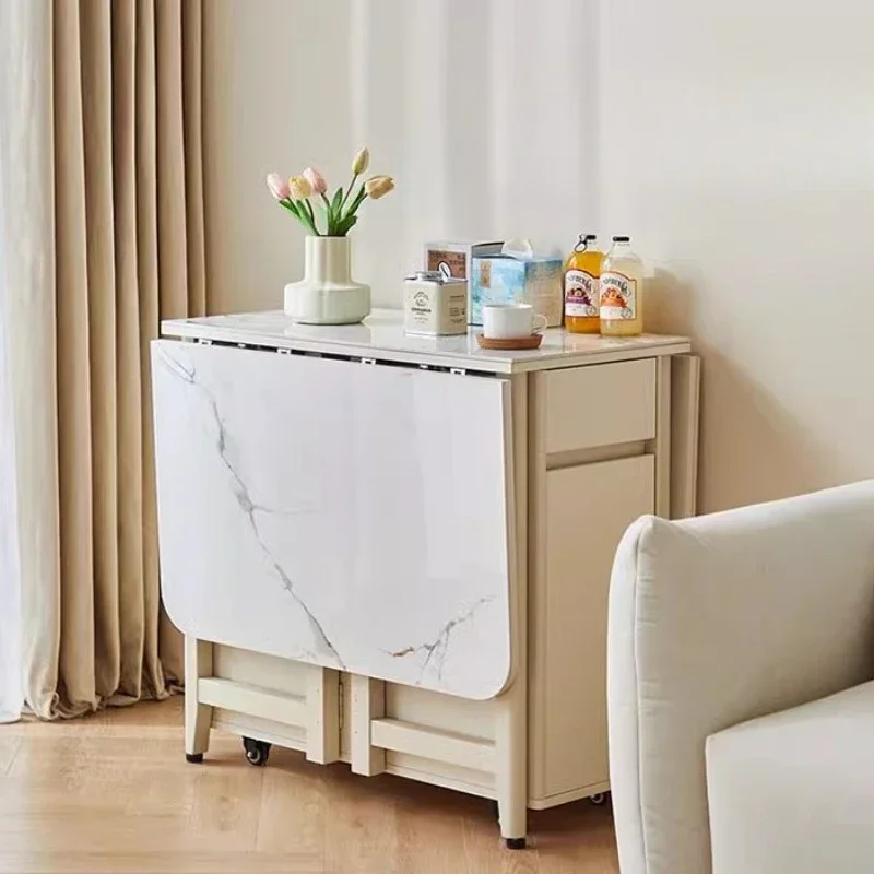 Dining Table Cream Wind Slate Countertop And Solid Wood Countertop Folding Table Retractable Movable With Pulley Tables Pliante