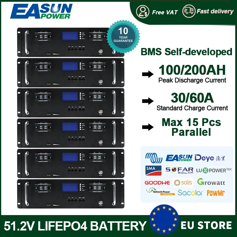 EASUN POWER LiFePO4 Battery 51.2V 200AH 100AH CAN/RS485 BMS 10KWH 5KWH Super Capacity 6000+ Cycle Battery For Home Solar System