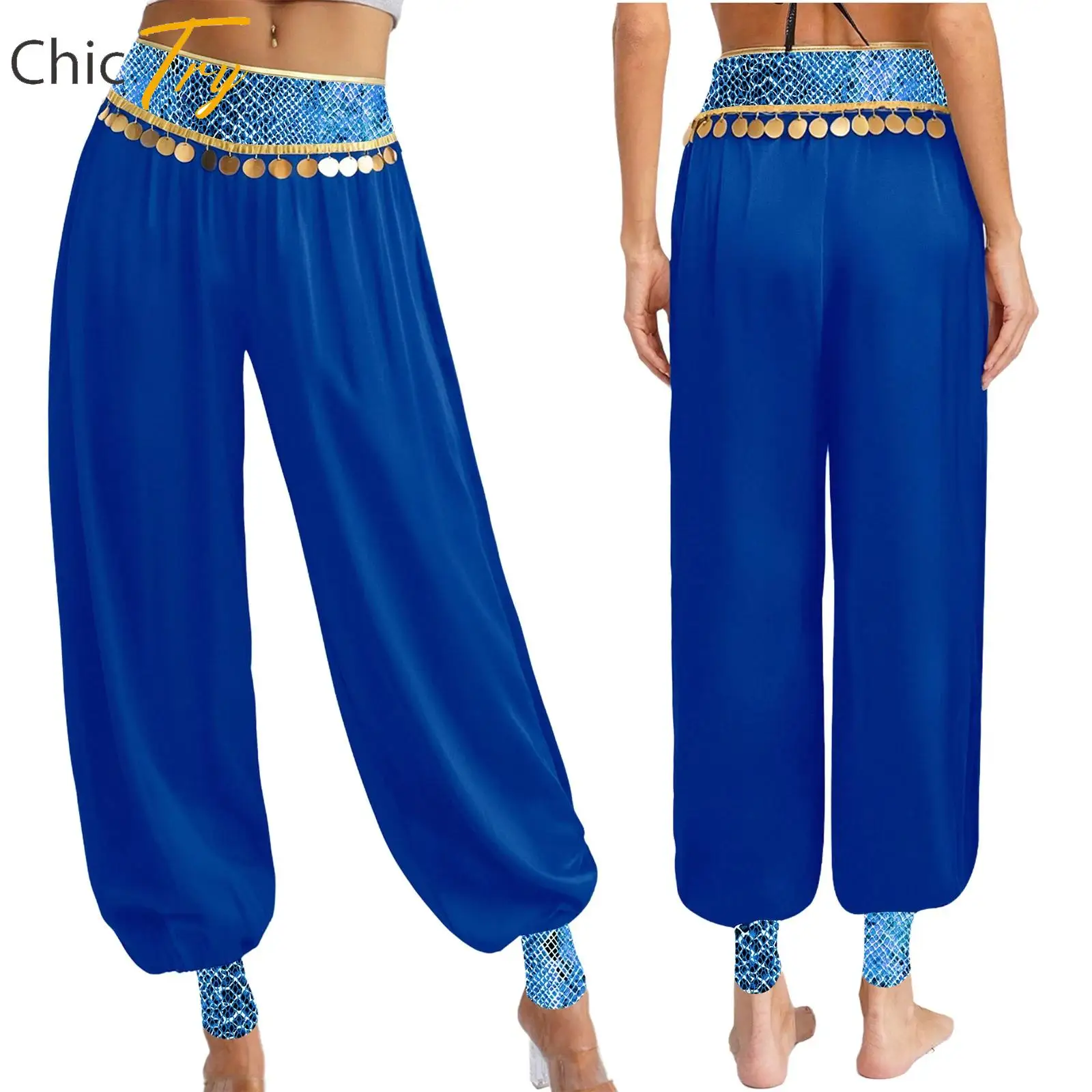 

Womens Adult Satin Belly Dance Bloomers Pant Sequin Fringe Harem Trousers India Ethnic Dance Arabic Halloween Cosplay Costumes