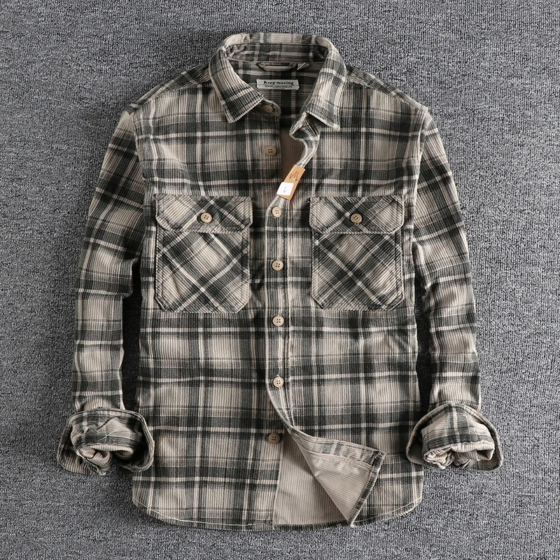 Corduroy Wash Spring Fall Shirt Men\'s plaid vintage casual long-sleeved double pocket shirt