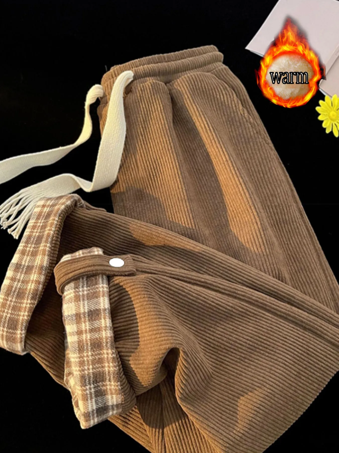 กางเกงขากว้างผ้าลูกฟูกฤดูใบไม้ร่วงและฤดูหนาวของผู้หญิงมีซับในผ้าฟลีซ หนาเพื่อความอบอุ่น กางเกงขาตรงสไตล์เกาหลีอเนกประสงค์