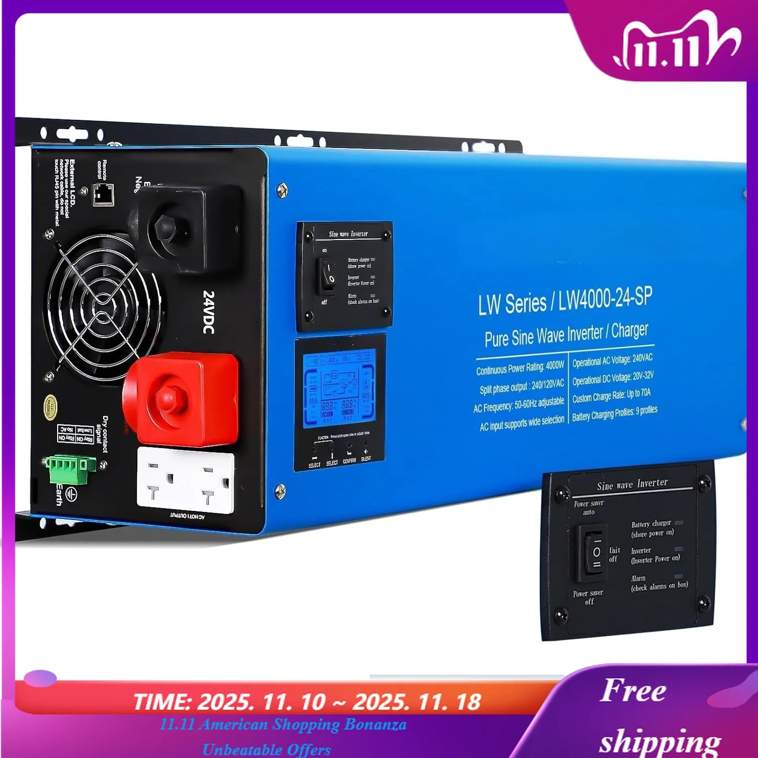 

Пиковое зарядное устройство с чистой синусоидальной волной, 4000 Вт, 12000 Вт, разделенная фаза от 24 В до 120/240 В, низкочастотный инвертор, ЖК-дисплей,