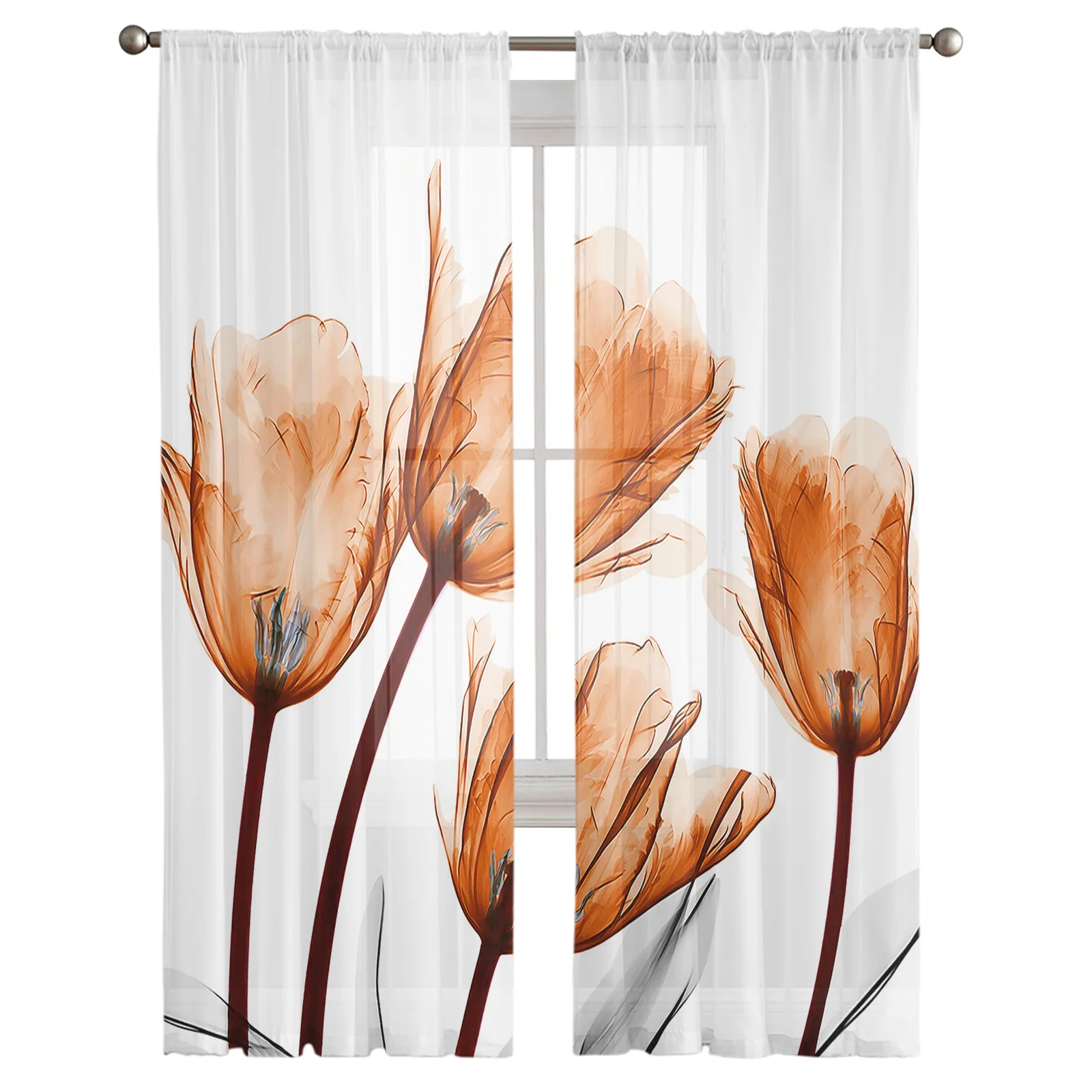 Flower Spring Idyllic Orange Tulip Tulle Sheer Curtain Living Room Adults  Bedroom Drapes Kitchen Voile Organza Decor Curtains