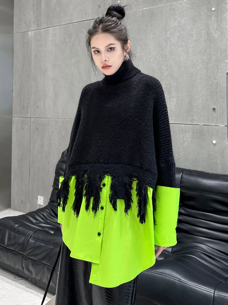 [EAM] Tassel Color-block Big Size Knitting Sweater Turtleneck Long Sleeve Women Pullovers New Fashion Spring Autumn 2024 1DH1043