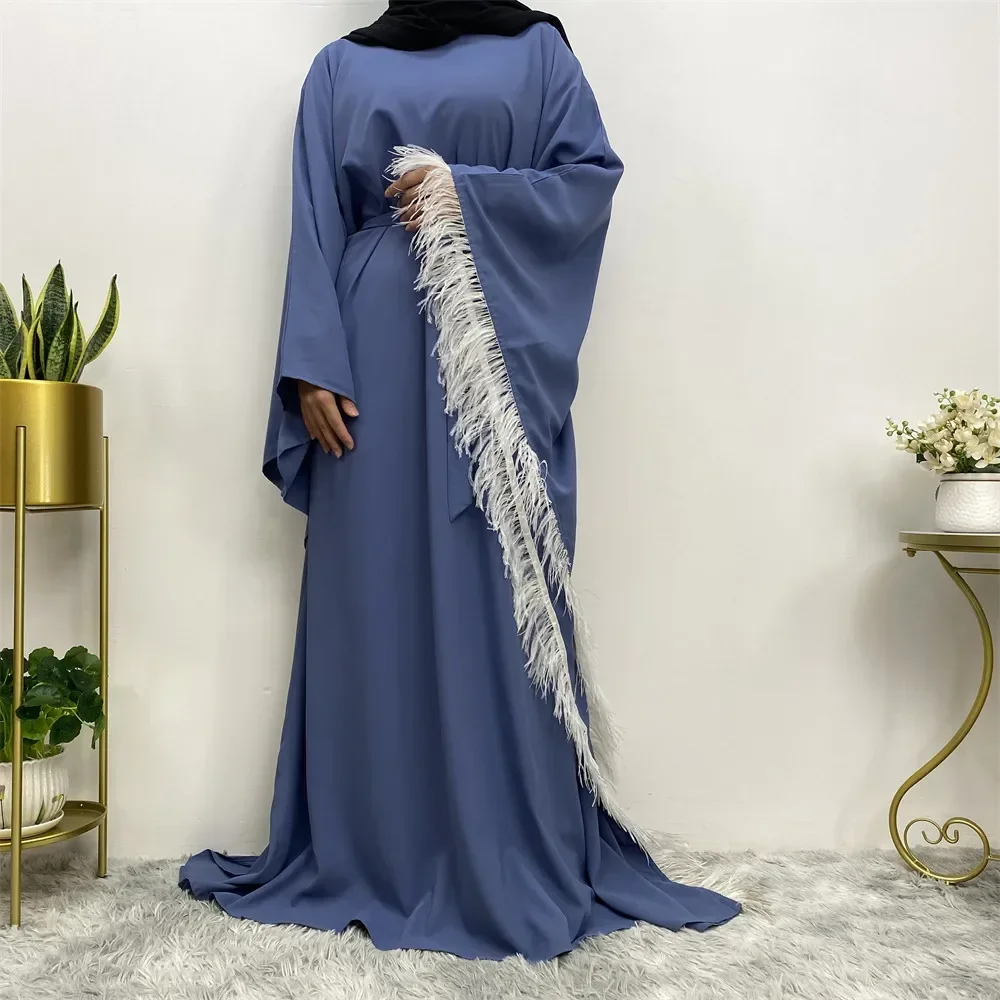 Dubai pena elegância turquia islam muçulmano kaftan vestido para mulheres novo ramadan eid khimar linho borboleta batwing abaya vistidos